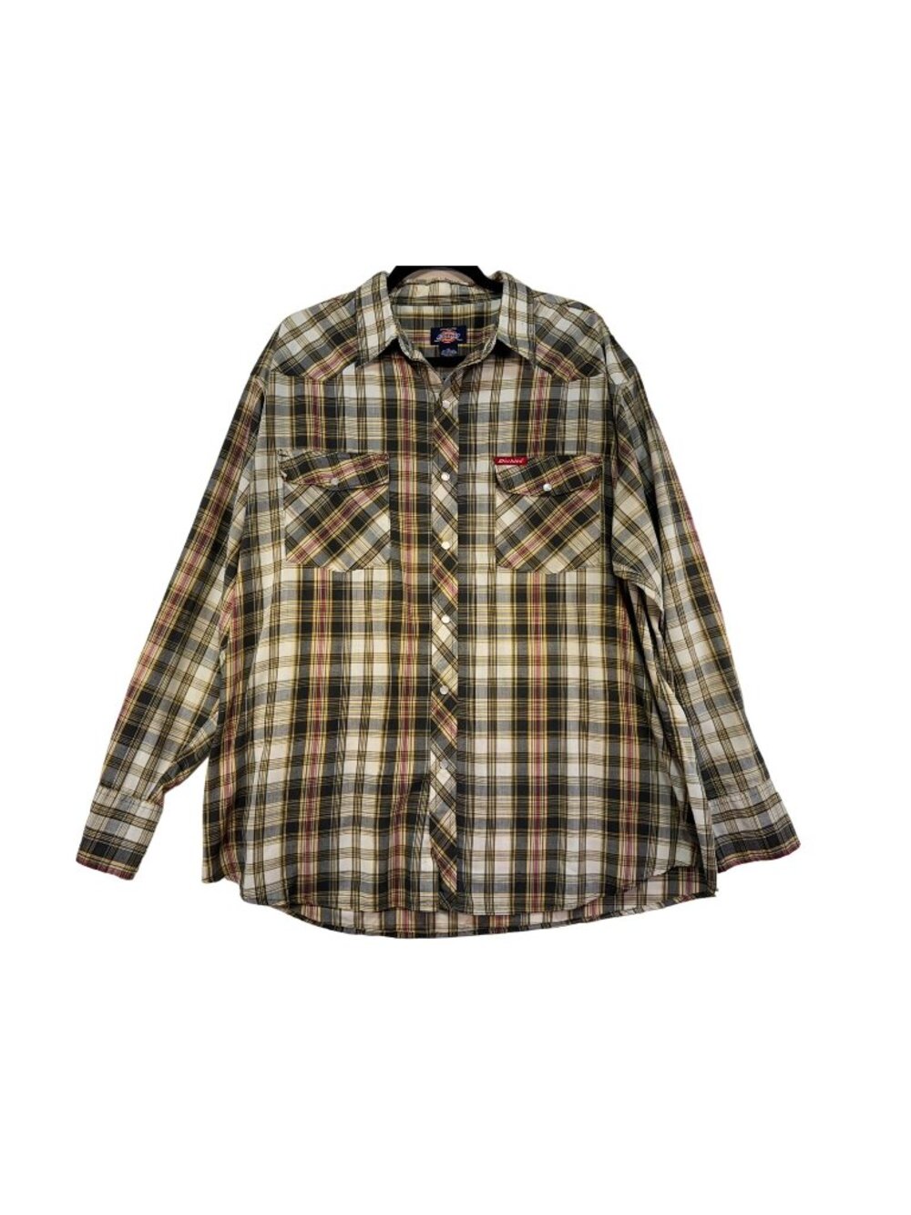 Dickies Mens XL Plaid Button-Up Long-Sleeve Shirt Yellow & Black Western Style
